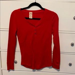 Bright red henley long sleeve shirt